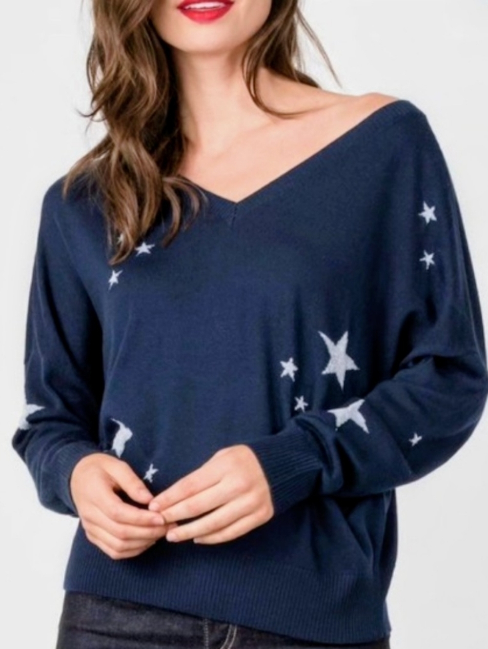 Navy V-Neck Star Intarsia Sweater - Women's